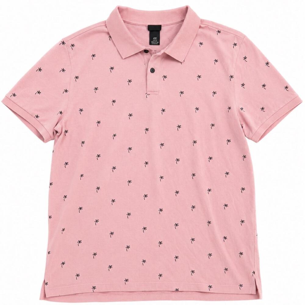 H & M Men's Pink Palm Tree Polo Shirt